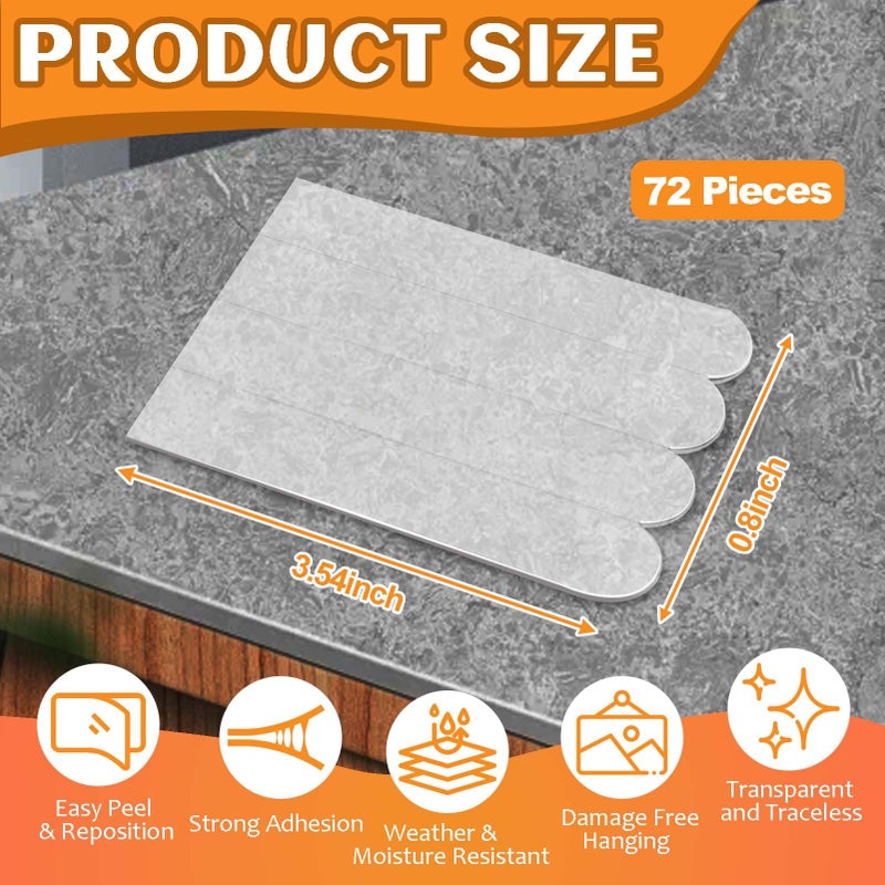 72 قطعة من شرائط تعليق الصور الواضحة، شريط لاصق غير مرئي بطول 3 أمتار، شماعات جدارية شديدة التحمل بدون ضرر، شريط لاصق صغير مزدوج الجانب قابل للإزالة لخطافات الجدران وديكور المنزل والمكتب والفصول الدراسية - Image 5